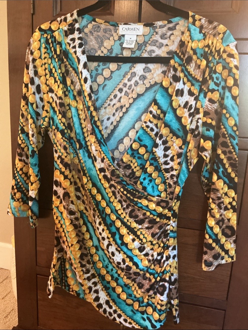 Carmen Printed Wrap-Style Women’s Top in Turquoise & Gold Sz Med